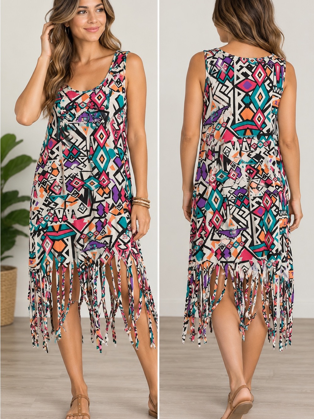 Colorful Geometric Fringe Tunic Dress / Cover-Up